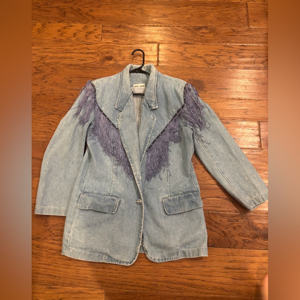 David David Vintage Rhinestone Fringe Denim Blazer Jacket Made in Mexico western